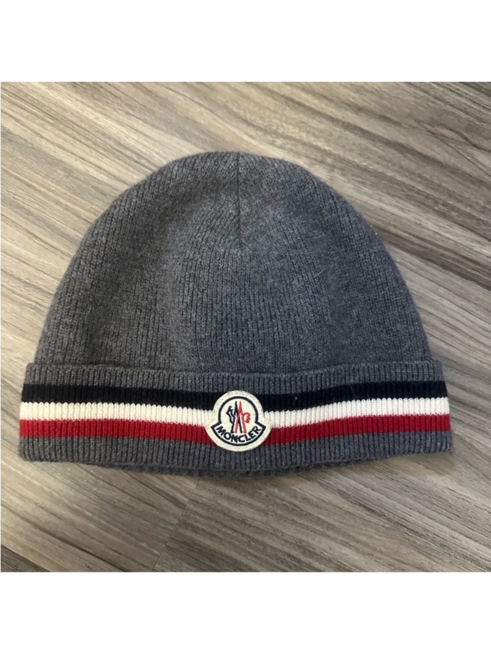 Moncler Gray Beanie with Red, White & Navy Stripe